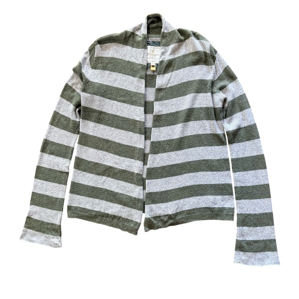 American Eagle Striped Cardigan Green Gray Angora Blend Open Front Sweater M